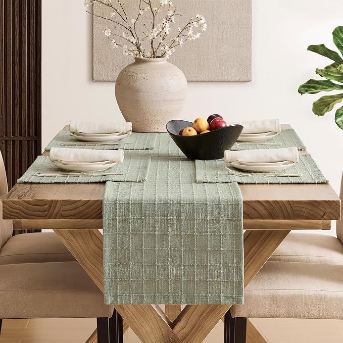 Artisanal Grid Linen Table Runner, 13x72 Inches Seeding Green | Heavy Textured - Image 4