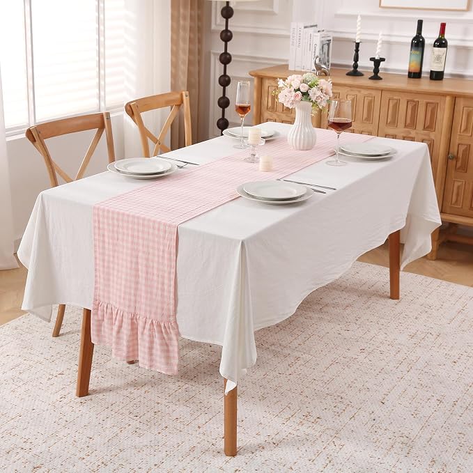 Blush White Plaid Gingham Ruffle Table Runner 120 inches Long 100% Washed - Image 2