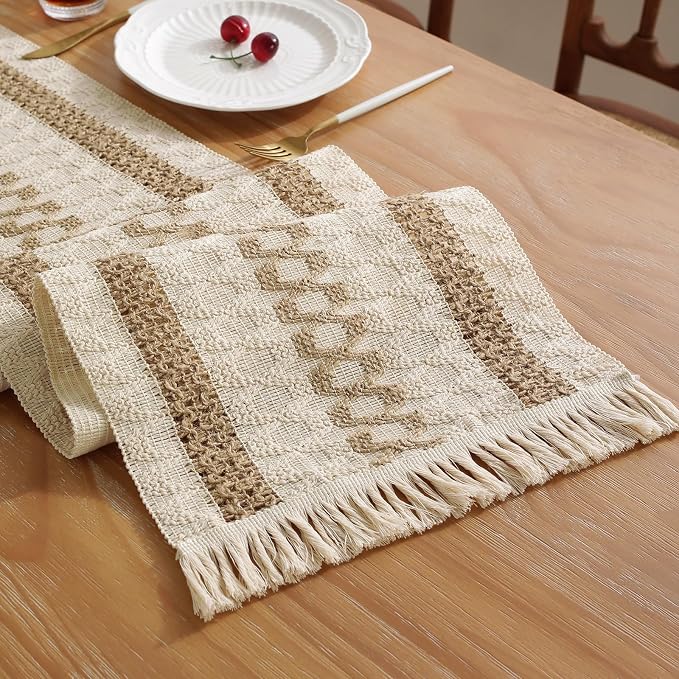 Boho Table Runner with Tassels 12 x 48 Inches Long, Cream & Brown Rustic by Niviy