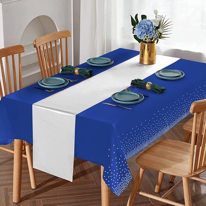 8Pack Disposable Plastic Tablecloths and Satin Table Runner Set Blue and Silver - Image 4