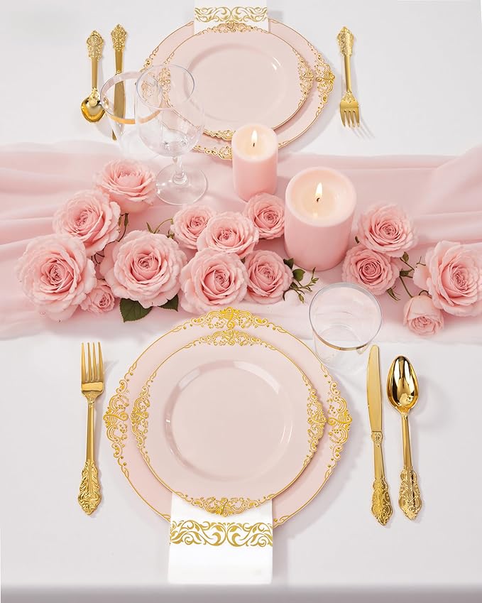 Nervure 350Pcs Pink Plastic Plates, Plastic Dinnerware Set - Image 5