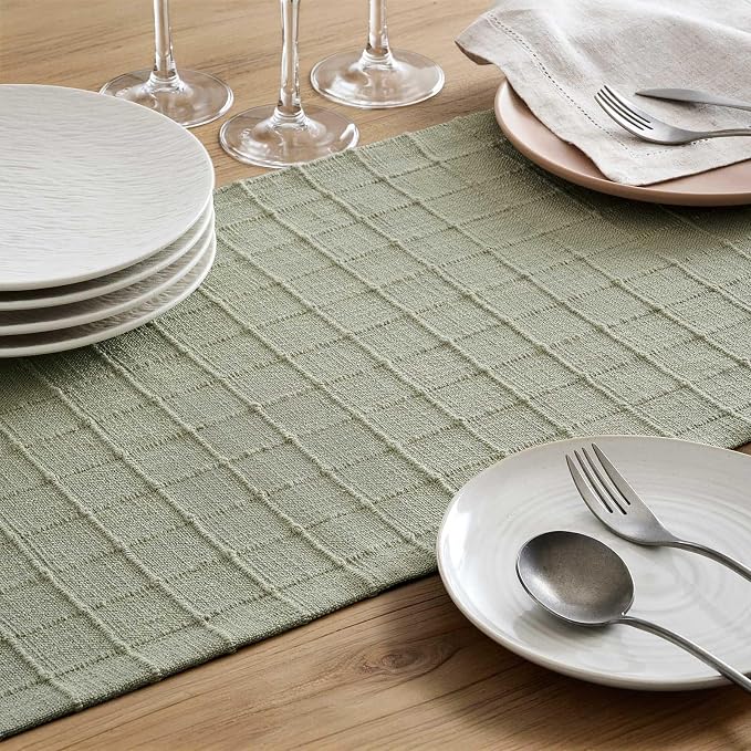 Artisanal Grid Linen Table Runner, 13x72 Inches Seeding Green | Heavy Textured - Image 6