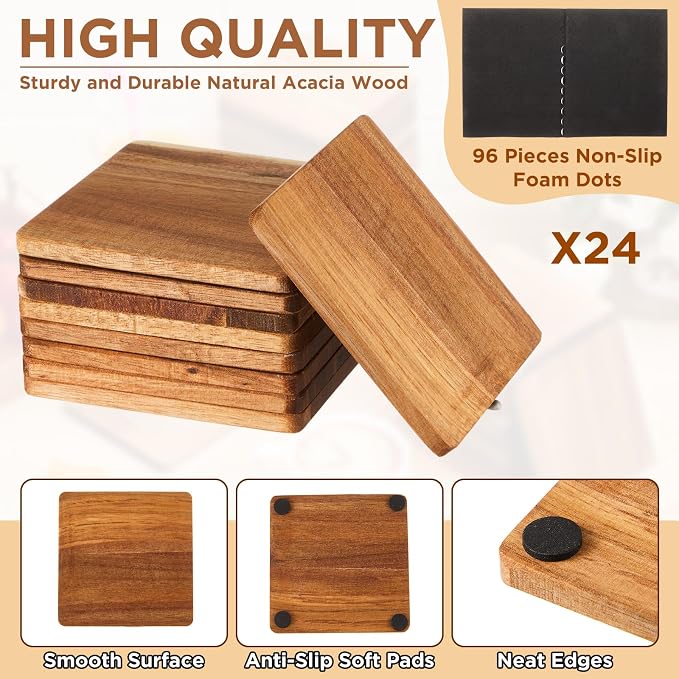24 Pcs Unfinished Acacia Wood Coasters Bulk, 4 Inch Square Wooden Coasters - Image 2