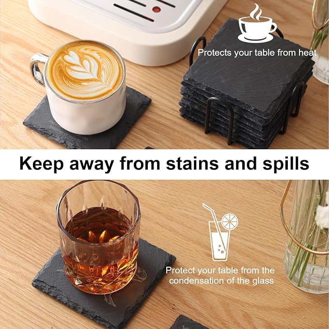 60 PCS Slate Coasters Set, 4 Inch Black Square Stone Coasters Bulk, Laser - Image 5