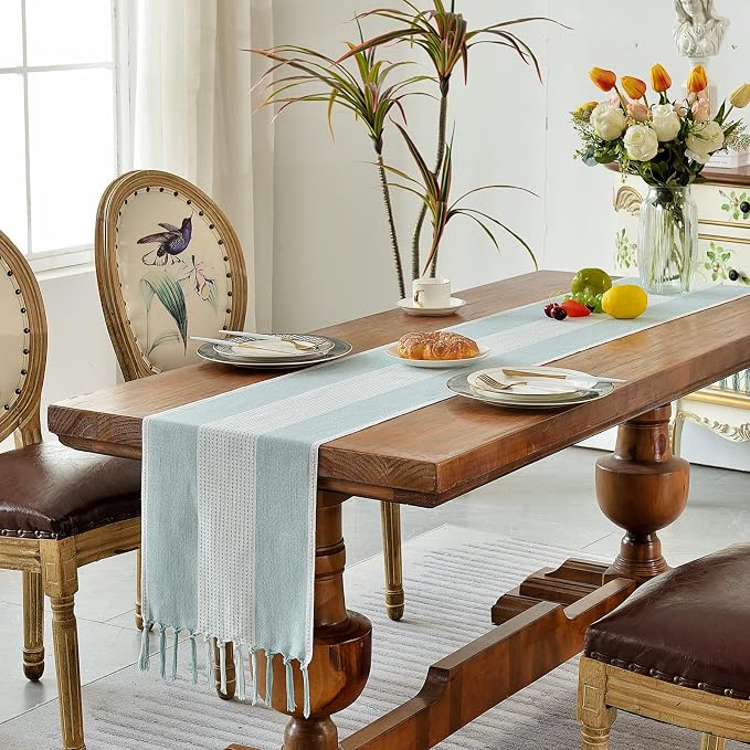 Wracra Linen Table Runner, Stripe Table Runners 108 Inches Long Aque Blue | - Image 5