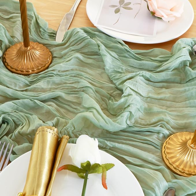 6 Pack Sage Green Cheesecloth Table Runner 120 Inch Boho Wedding Decor | - Image 5