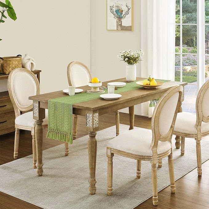 Macrame Style Boho Table Runner, 12x108 Inch Green | Woven Boho Table Runner - Image 3