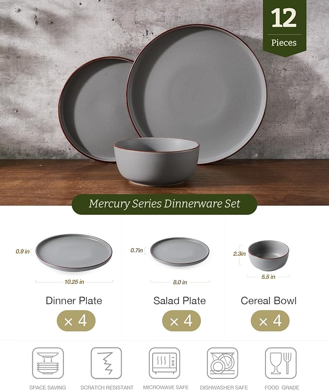 Famiware Mercury 12-Piece Stoneware Dinnerware Set, Dark Grey | Plates and Bowls - Image 2