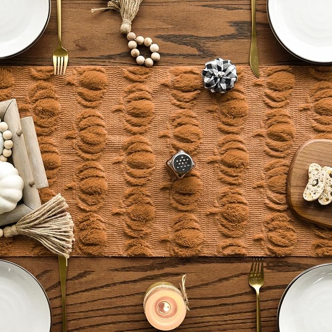 Artoid Mode Caramel Soft Faux Fur Pumpkins Fall Table Runner 13x48 Inch | - Image 2