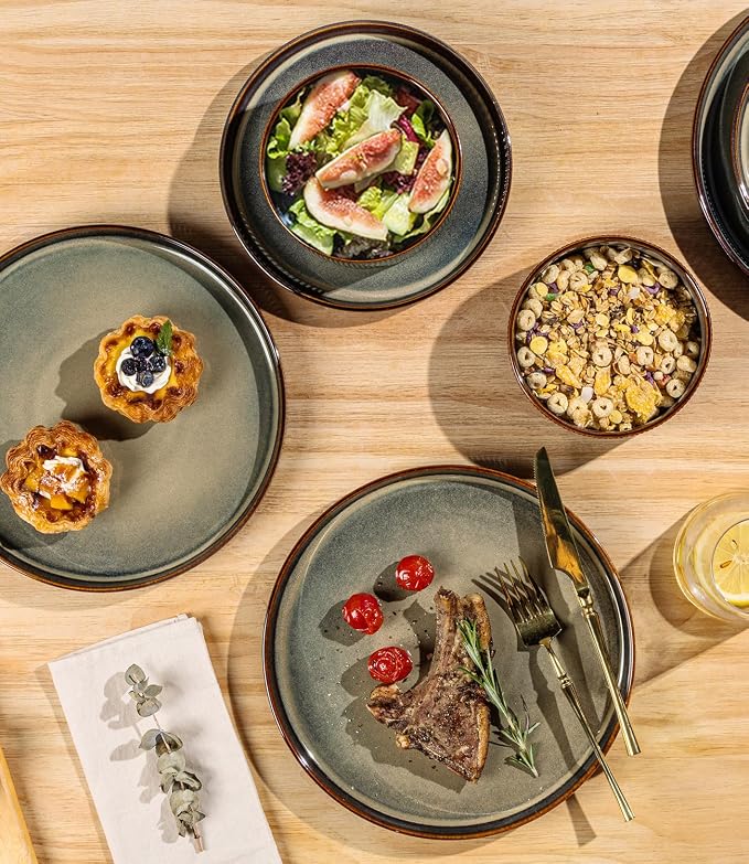 Ceramic Dinnerware Set for 4, 12-Piece Plates and Bowls Set | Lightweight - Image 3