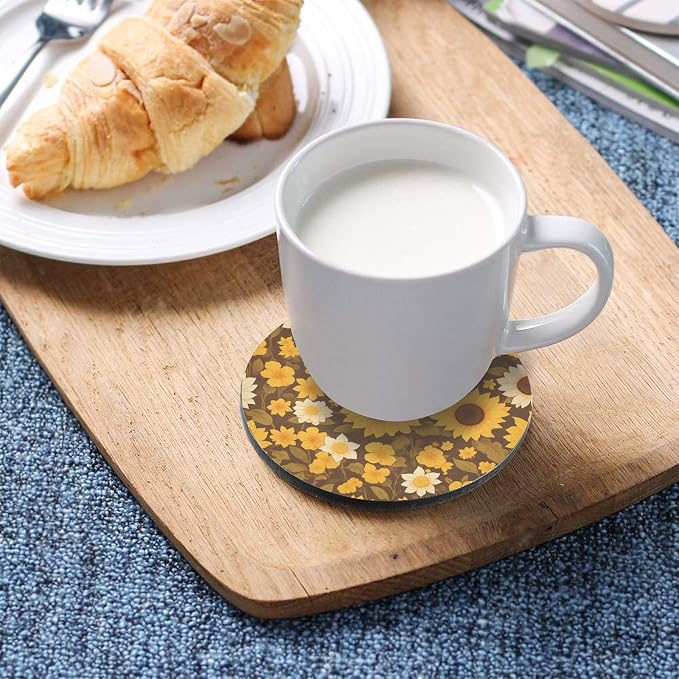 Sunflower Cow Leather Skin Brown Pattern Aesthetic Drink Coasters 4 Piecing Set - Image 5