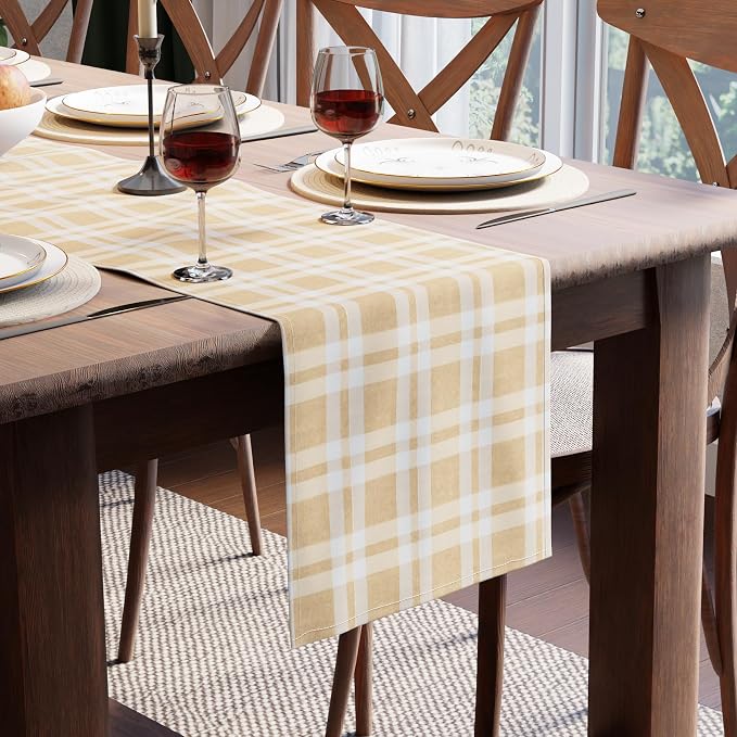 Encasa XO Table Runner, Woven Cotton Dining Runner 13"x72" Franca Beige Checks by EncasaXO