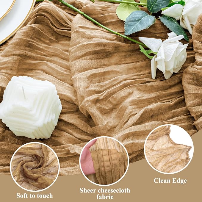 Cheesecloth Table Runner 10FT 2Pcs Khaki Boho Gauze Rustic Sheer Runners | - Image 3