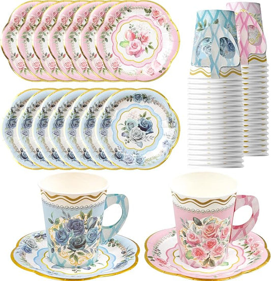 WorldBazaar Floral Tea Party Dinnerware Disposable Cups and Saucers 24 Set | 9oz by WorldBazaar