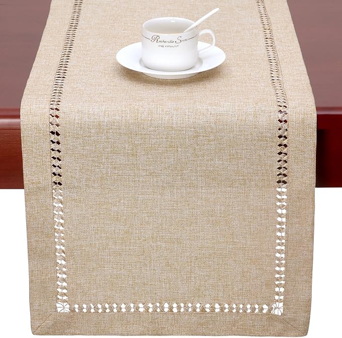 Grelucgo Large Handmade Hemstitch Beige Table Runner, Rectangular 14 by 132 Inch - Image 6