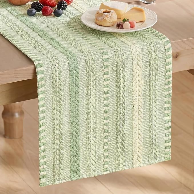 Artoid Mode Sage Green Farmhouse Stripe Braided Table Runner 12x60 Inch | by ArtoidMode
