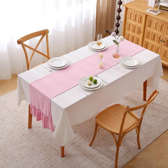 Pink White Plaid Gingham Ruffle Table Runner 108 inches Long 100% Washed Cotton - Image 2