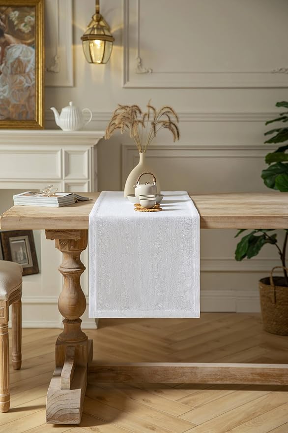 Burlap Style Farmhouse Table Runner, 14x90 Inches White | Thick Durable Fabric - Image 2