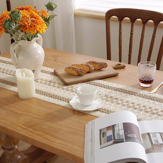 Boho Table Runner with Tassels 12 x 108 Inches Long, Cream & Brown Rustic - Image 4