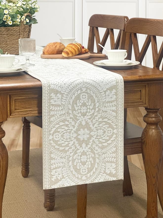 KEVA Boho Table Runner 36inches Long, Farmhouse Rustic Vintage White - Image 6