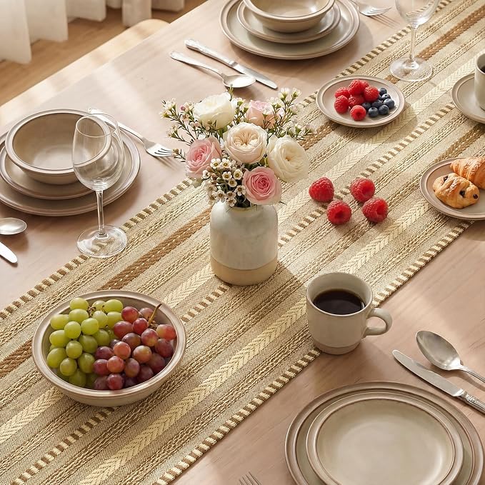 Artoid Mode Coffee Farmhouse Stripe Braided Table Runner 12x108 Inch | Holiday - Image 4