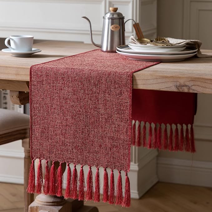 Red Table Runners 48 Inches Long, Burlap Linen Style Rustic Farmhouse Table by ZEEMARTONLINE