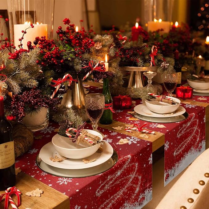 Red Christmas Table Runner 108 Inches Long, Xmas Tree Balls Snowflake Table - Image 6
