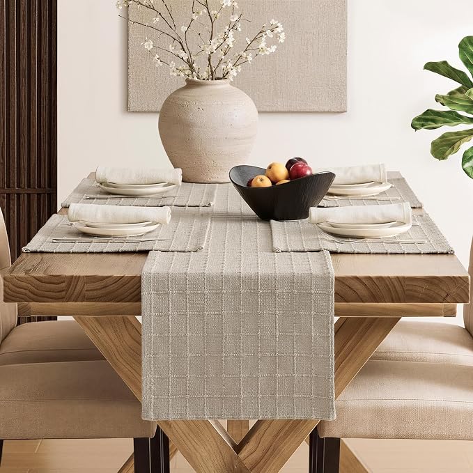 Artisanal Grid Linen Table Runner, 13x72 Inches Oatmeal | Heavy Textured - Image 4