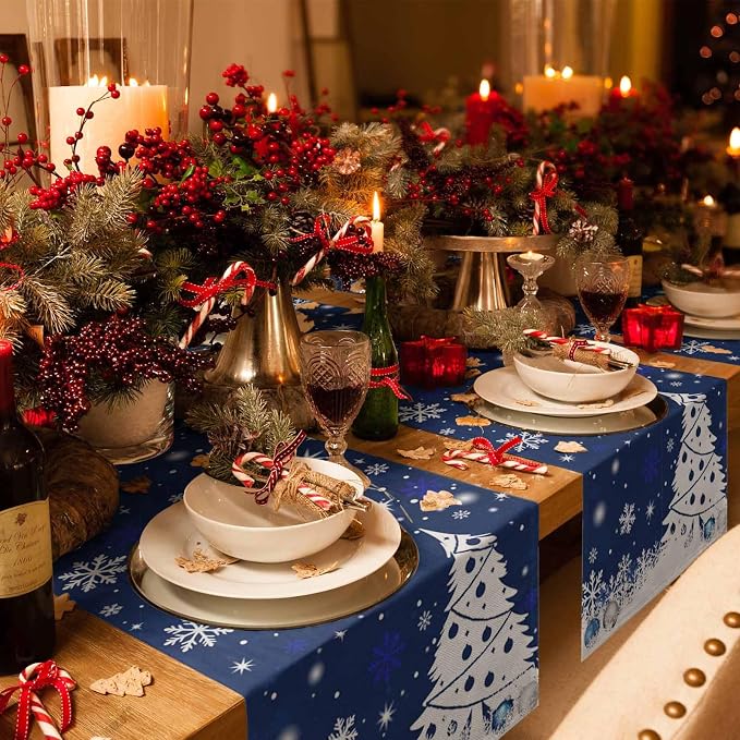 Navy Blue Christmas Tree Table Runner 90 Inches Long, Xmas Balls Snowflake - Image 6