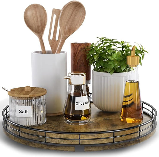 Lazy Susan Turntable Organizer for Table Top, 12’’ Round Wooden Lazy Susan for by HGF