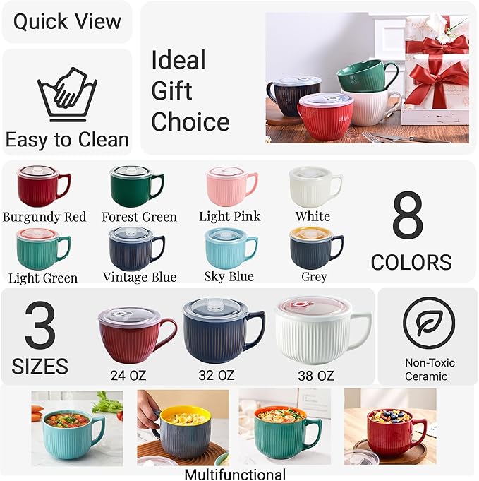 Ceramic Soup Bowl with Handle & Lid, Large 32oz Microwave Ramen Bowl Blue | - Image 4