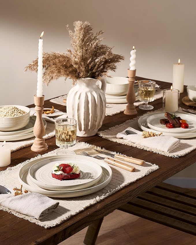 Stoneware Dinnerware Set for 8, Reactive Glaze Plates & Bowls, Shell Beige | - Image 2