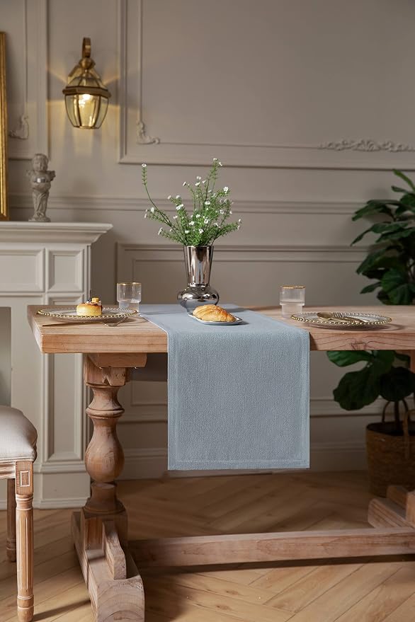 Burlap Style Farmhouse Table Runner, 14x90 Inches Light Dusty Blue | Thick - Image 3