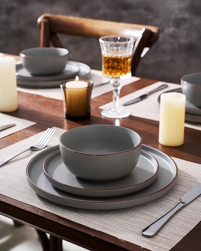 Famiware Mercury 12-Piece Stoneware Dinnerware Set, Dark Grey | Plates and Bowls - Image 3