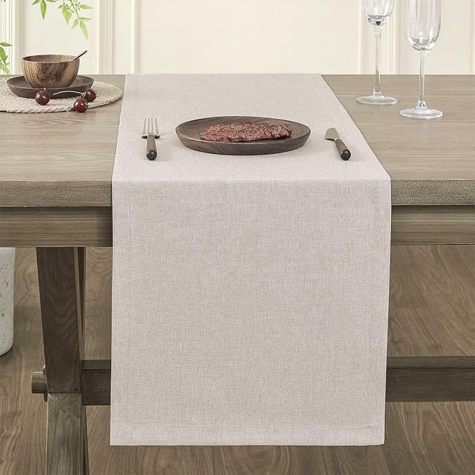 Basic Linen Style Table Runner, 14x36 Inch Light Tan | Mitered Corner Design - Image 2