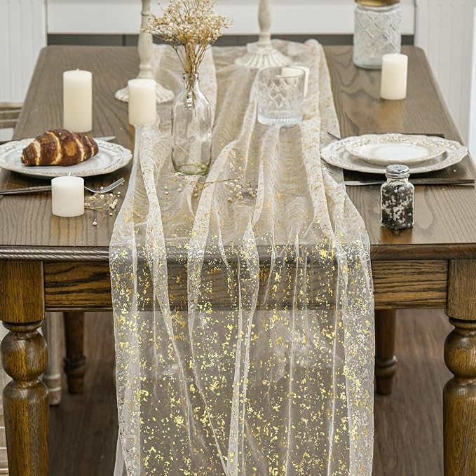 Artoid Mode Beige Gold Gauze Table Runner 120 Inch 10Pcs, Glitter Metallic Foil - Image 2