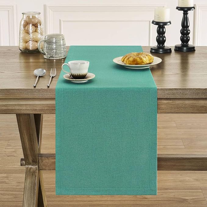 Basic Linen Style Table Runner, 14x60 Inch Teal | Mitered Corner Design - Image 2