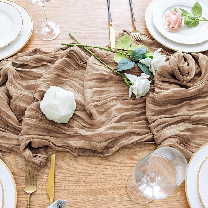 Cheesecloth Table Runner Nude Brown 10FT Boho Gauze Table Runners | 120 Inch - Image 5