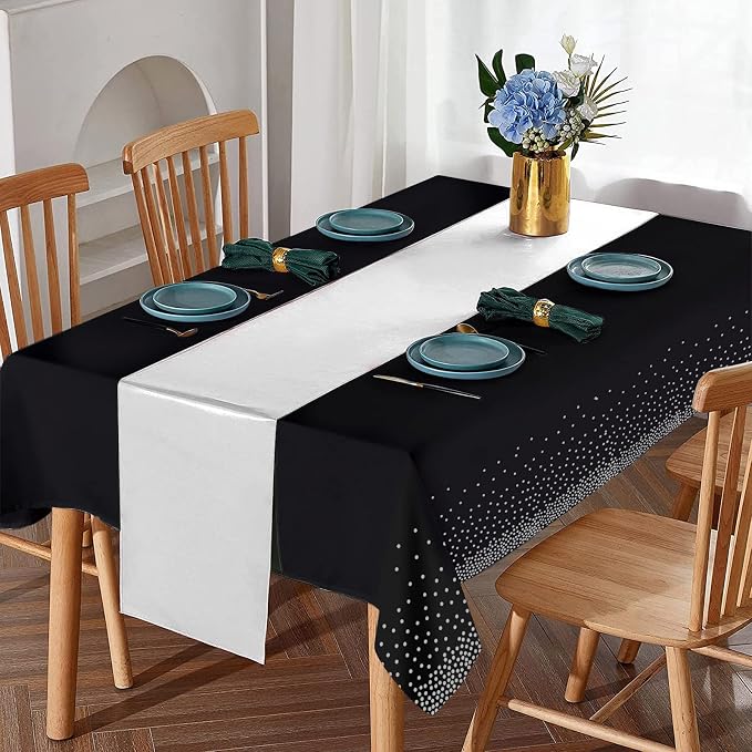 8Pack Disposable Plastic Tablecloths and Satin Table Runner Set Black and - Image 4