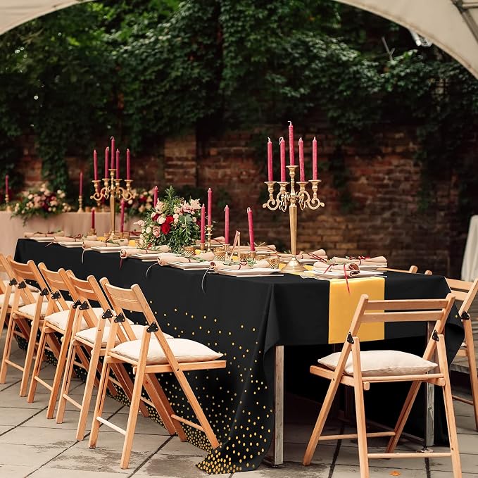 16Pack Disposable Plastic Tablecloths and Satin Table Runner Set Black Gold Dot - Image 6