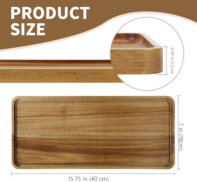 15.7" x 7" Large Solid Acacia Wood Serving Tray Rectangular Wooden Serving - Image 2