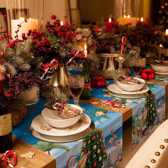 Coastal Christmas Table Runner 72 Inches Long, Xmas Tree Santa Beach Table - Image 6