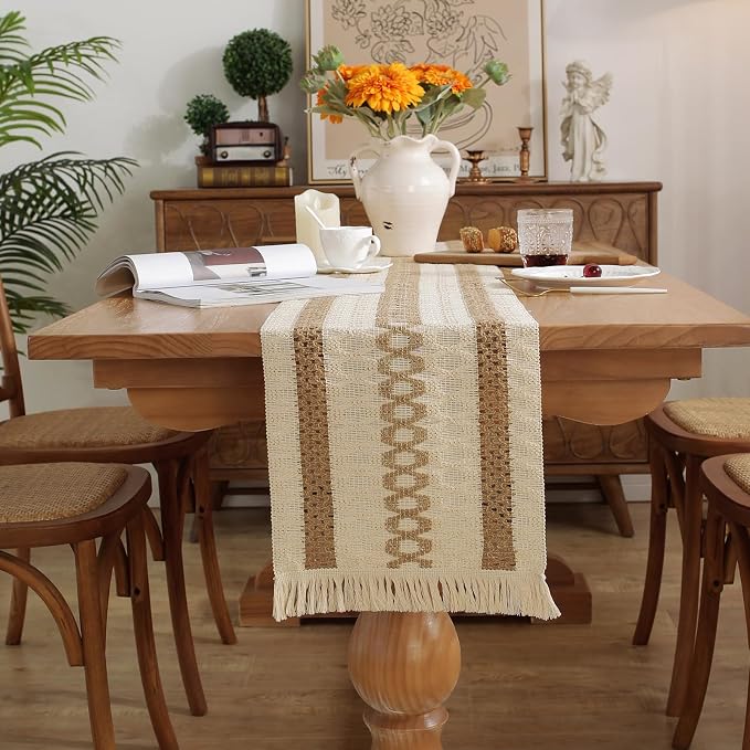 Boho Table Runner with Tassels 12 x 48 Inches Long, Cream & Brown Rustic - Image 2