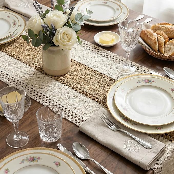 Burlap Boho Table Runner Macrame Brown 72in Farmhouse Woven Runner | Burlap - Image 6