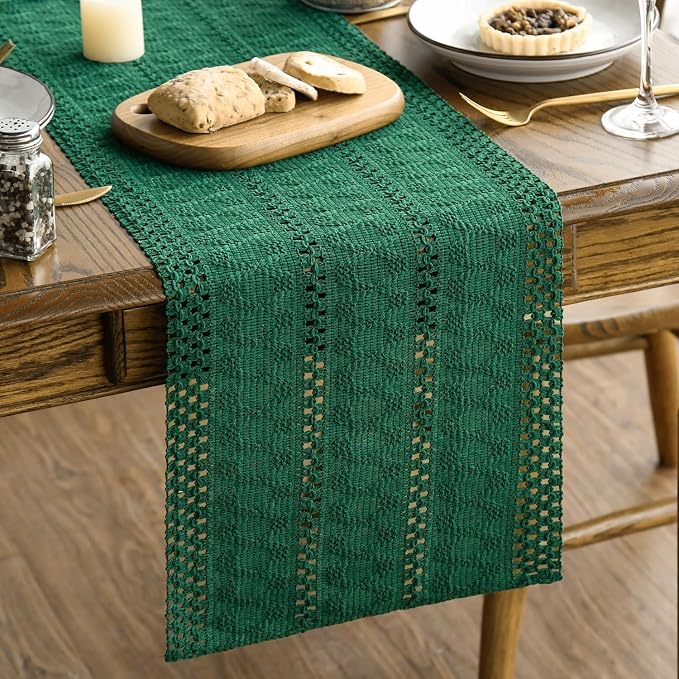 Artoid Mode Dark Green Woven Farmhouse Hollow Table Runner 12x108 Inch | - Image 6
