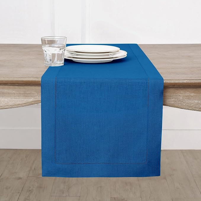 Solino Home 100% Pure Linen Table Runner Indigo Blue Hemstitch, 14 x 90 in | by SolinoHome