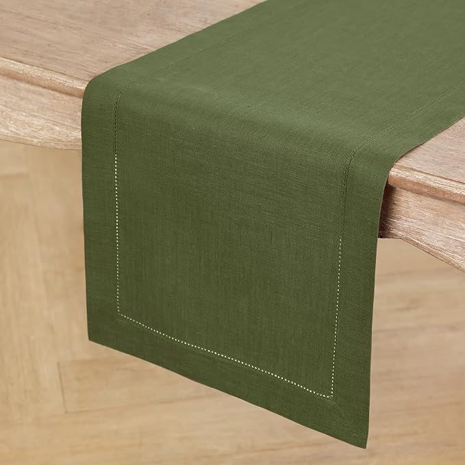 Solino Home 100% Linen Table Runner Olive, Classic Hemstitch 14 x 144 in | - Image 2