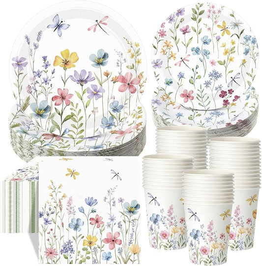 Pickmesh 250 Pcs Spring Floral Disposable Tableware Set Wildflower Butterfly by Pickmesh