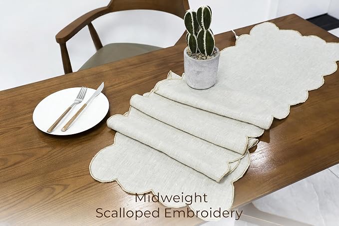100% Natural Linen Rustic Scalloped Embroidery Table Runner 60 Inches, Linen - Image 3