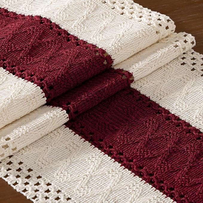 DeZerlor Ivory&Burgundy Boho Macrame Farmhouse Woven Table Runner 60Inch | - Image 5